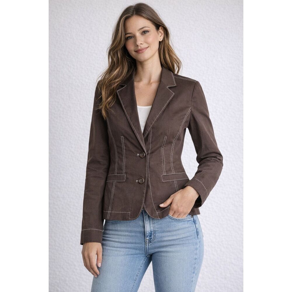 NIVOO Brown Blazer GB 10 / US 6 Tailored Jacket Contrast Stitch Cotton Stretch